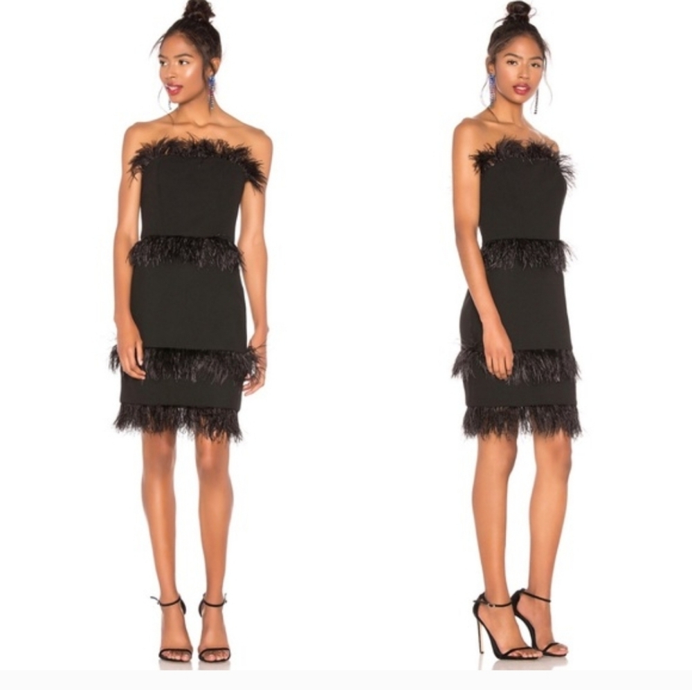 Elliatt Coco Feather Trimmed Strapless Dress In Black